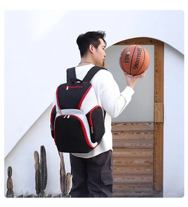Outdoor lifestyle shot of a large gym backpack with tricolor patchwork and side pockets