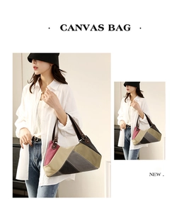 Detail showing colorful patchwork canvas tote bag with premium leather handles and rivets