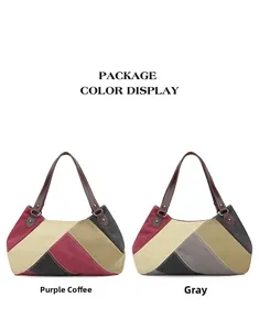 Detail view of canvas tote bag with purple, coffee, and grey color-block patchwork design