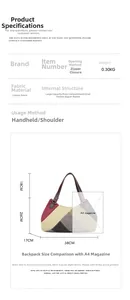 Detailed view of color-block canvas tote bag dimensions and internal pocket structure