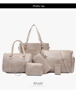 Vue détaillée du lot de 6 sacs kaki avec motif crocodile et finitions dorées