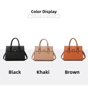 Three crocodile pattern tote bags shown in black, khaki, and brown with gold hardware