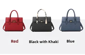 Three elegant tote bags in red, black, and blue with crocodile embossed leather texture