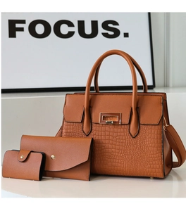 Three-piece handbag set in brown textured faux leather with embossed tote and wallets