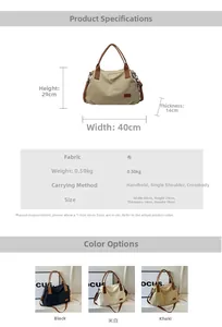 Detailed technical diagram showing large canvas tote bag dimensions 40x29x14cm and features