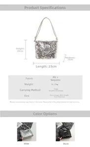 Tableau détaillé des tailles et spécifications du sac à paillettes avec dimensions