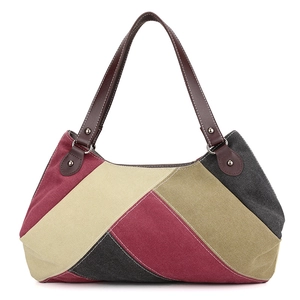 Minimalist canvas tote bag with burgundy and grey patchwork and leather handles