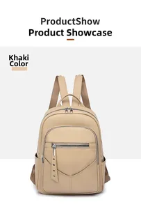 Front view of khaki PU leather backpack featuring multiple functional zipper pockets