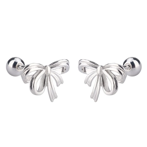 Elegant silver ribbon bow stud earrings with secure screw-back ball closures on white background