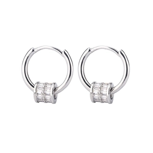 Elegant silver hoop earrings with shimmering double-row zircon cylinders on white background
