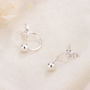 Elegant silver butterfly stud earrings with sparkling zircons and a round screw-back design