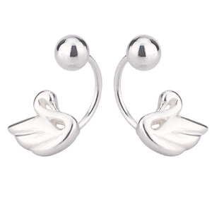 Minimalist silver swan hook earrings with screw back design on a white background