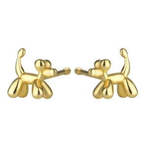Detailed close-up of golden balloon dog stud earrings with a high-polished mirror finish