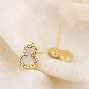 Elegant 14k gold plated gourd earrings with white mother of pearl and crystal pavé details