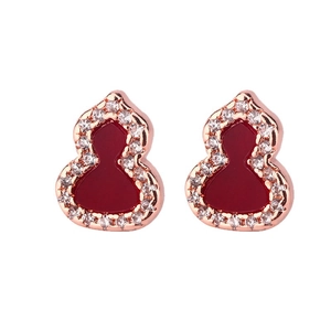Elegant 14k gold plated gourd earrings with red agate inlay and sparkling crystal borders
