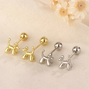 Cute Balloon Dog Stud Earrings With 925 Sterling Silver Earring Post Copper Small Fashion Screw Back For Women Girls