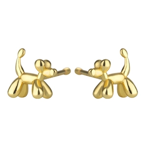 Polished gold balloon dog stud earrings with screw back closure and mirror finish