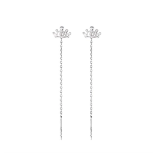 Detailed view of silver crown long threader earrings with delicate metal chains