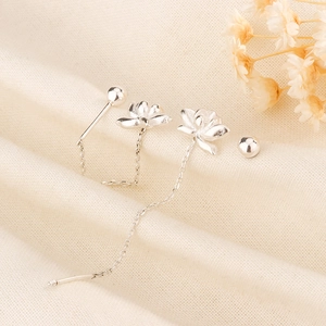 Detail of S925 silver lotus long threader earrings on a beige textured fabric background