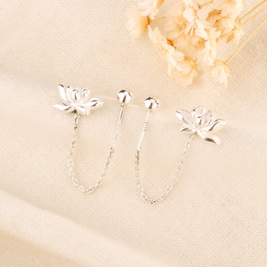 Detailed macro view of S925 silver lotus flower drop earrings with chain and hallmark