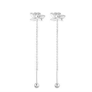 Close-up of S925 silver lotus long tassel earrings with delicate flower and metal ball