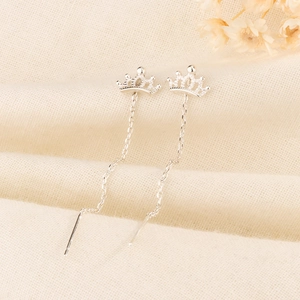 Crown Threader Earrings Copper Long Chain Tassel Elegant Vintage Jewelry For Women Delicate Hollow Design