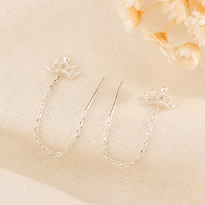 Elegant silver crown threader earrings for women with delicate hollow design and long chain