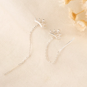 Elegant silver crown long chain threader earrings with a polished finish for women