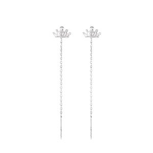 Elegant S925 sterling silver crown long threader earrings with delicate O-chain drop