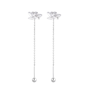 Elegant S925 silver lotus drop earrings with delicate long tassel chains on white background
