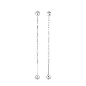 Detail of silver drop threader earrings with round bead pendants and minimalist chains