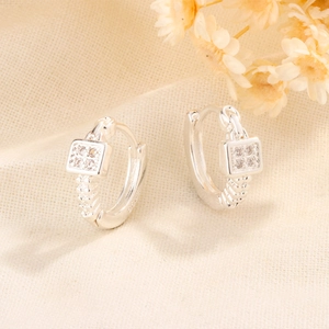 Elegant square diamond S925 silver hoop earrings with textured finish and zircon accents