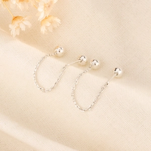 Minimalist silver screw back stud earrings with delicate tassels and round bead chain details