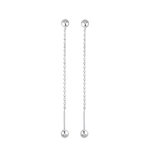 Minimalist silver screw-back drop earrings with long ball chain tassels for women