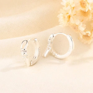 Elegant S925 sterling silver hoop earrings with rectangular charm and zircon accents