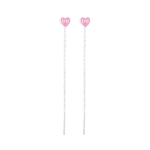Detailed view of long pink enamel heart threader earrings with silver bow accents
