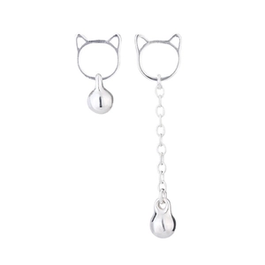 Cat ear asymmetrical stud earrings with long tassel chain and polished silver finish