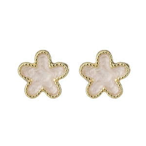 Elegant gold five-petal flower stud earrings with pink enamel inlay on white background