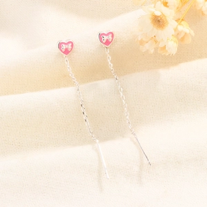 Long Pink Heart Bow Tassel Threader Earrings Copper Jewelry With 925 Sterling Silver Earring Post Sweet Style