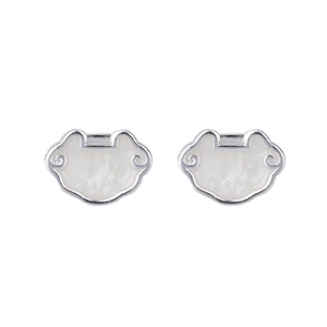 Boucles d'oreilles serrure Ruyi en nacre blanche et argent poli style vintage