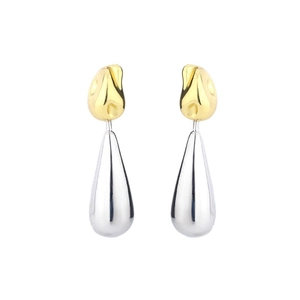 Two-tone water drop earrings with golden studs and polished silver pendants