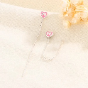Pink heart tassel earrings in S925 silver with elegant bow detail and long chain