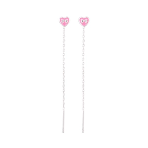 Long tassel heart drop earrings with pink enamel and silver bow accents for women