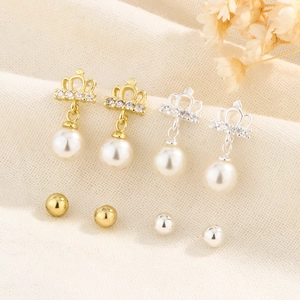 Boucles Oreilles Pendantes Couronne Künstliche Perle Élégant Cuivre Zircon Rétro Français Doux Bijoux Pour Femmes Style Luxe