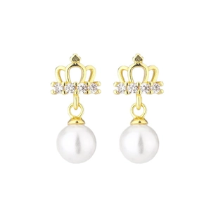 Boucles d'oreilles couronne dorées avec cristaux brillants et perles blanches