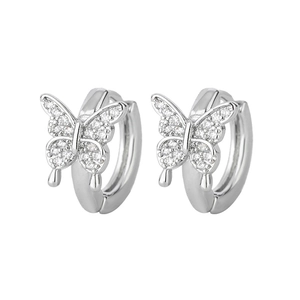 Detail of silver butterfly hoop earrings featuring sparkling pave-set cubic zirconia wings