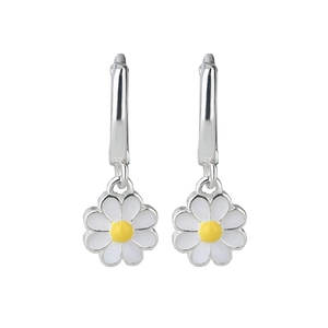 Close-up of small daisy pendant earrings with white and yellow enamel and silver hoops