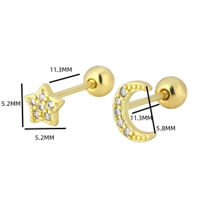 Detailed size chart for gold moon and star screw back earrings with zircon stones
