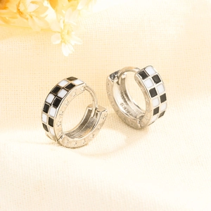 S925 sterling silver checkerboard enamel hoop earrings with engraved star pattern details