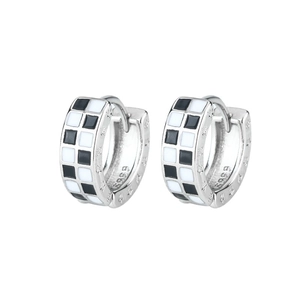 Checkerboard patterned S925 sterling silver hoop earrings with black and white enamel